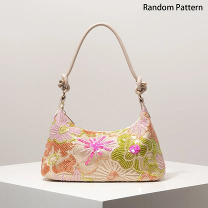 Women's Sequin Embroidered Shoulder Bag Floral Pattern For Evening Events And Weddings