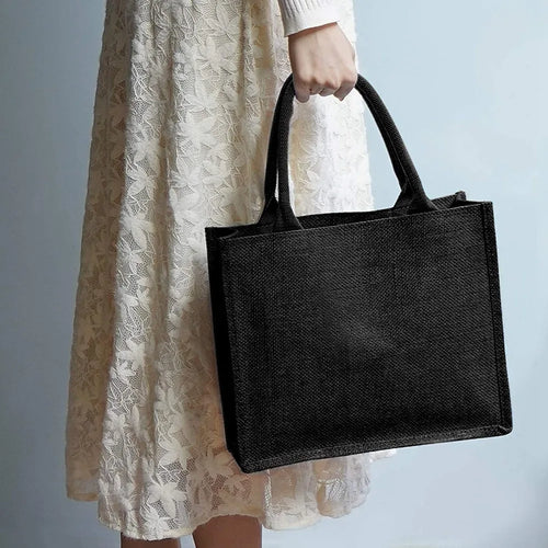 ABQR 6PCS Black Burlap Tote, Tote Bags with Handles & Laminated Interior, Wedding Bridesmaid Gift Bags, Blank Bags