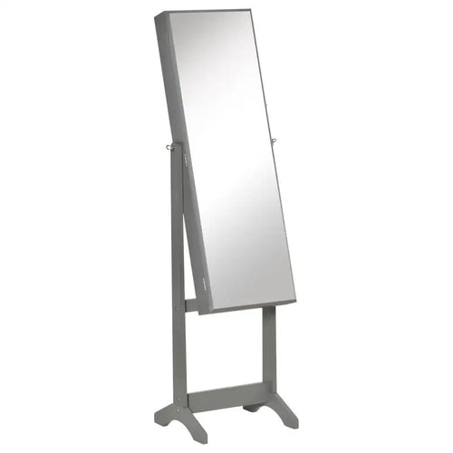 Floor Standing Jewelry Cabinet, Lockable Organizer with Full-Length Mirror, 3 Adjustable Angles, Gray Color