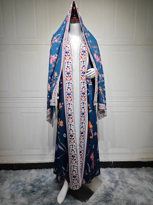 Modest Abaya Printed Open Abaya Lightweight Long Sleeve Abaya Two Piece Headscarf Kaftan Dubai Muslim Set Women Hijab Gown