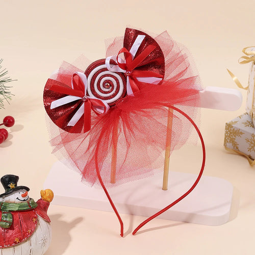 Christmas Sparkle Candy Headband Sweet Tull Mesh Bead Bow Hairbands Cute Candy Hair Hoop For Girls Headwear Hair Accessories