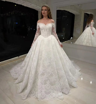 Sweetheart Neck Ball Gown Full Lace Wedding Dresses Bridal Gowns Long sleeves Formal Bride Dress for Women Vestidos De Novia