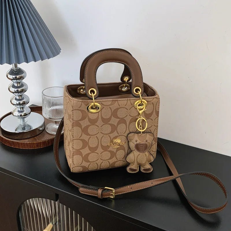 VZZS Monogram PU Tote Bag Crossbody Purse With Bear Charm For Everyday Use All Seasons