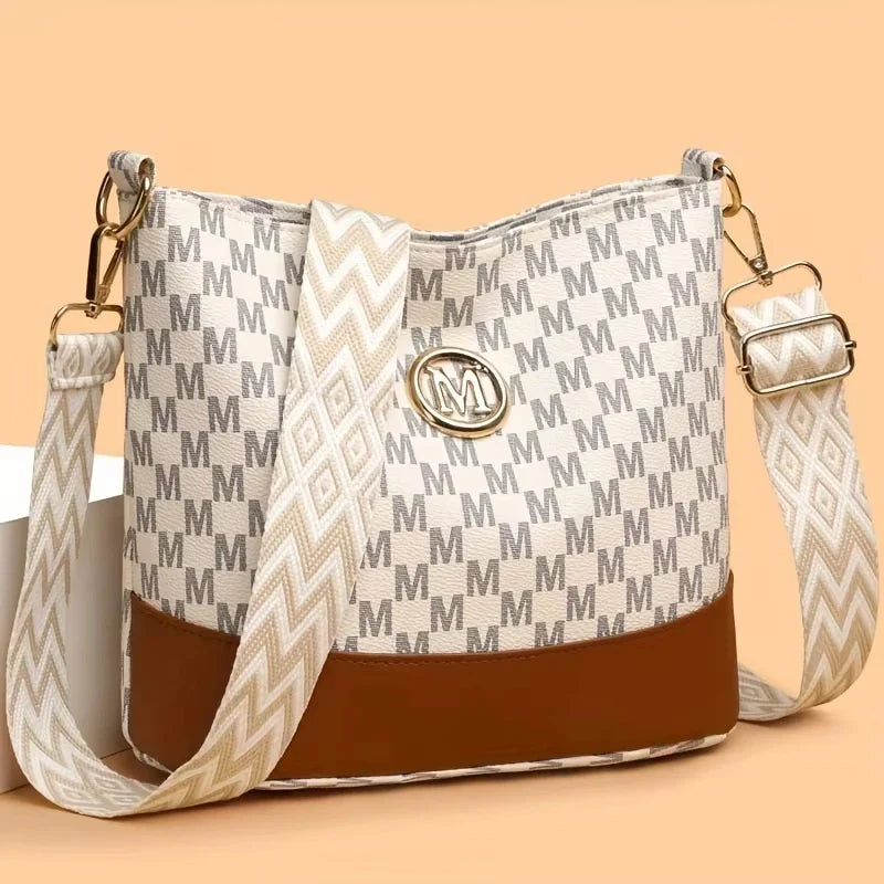 Women's Crossbody Bag With M Badge Multi Pocket Design Adjustable Shoulder Strap