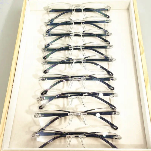 9-Pack Vintage Style Rimless Reading Glasses - Rectangular Frame, Blue Light Blocking, Anti-Fatigue, Unisex, Lightweight PC