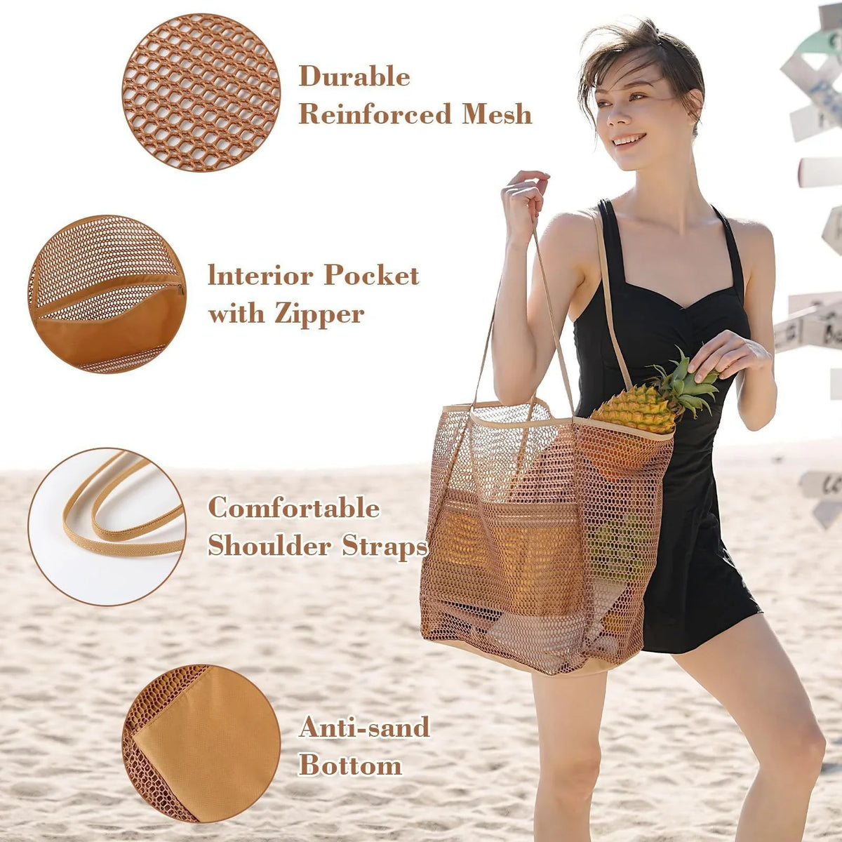 Women's Beach Tote Bag Large Capacity Durable Polyester Open Top Shoulder Bag For Travel And Shopping