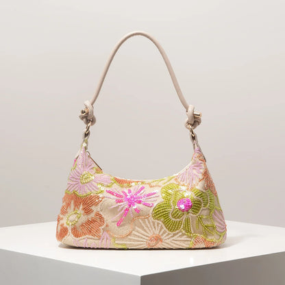 Women's Sequin Embroidered Shoulder Bag Floral Pattern For Evening Events And Weddings