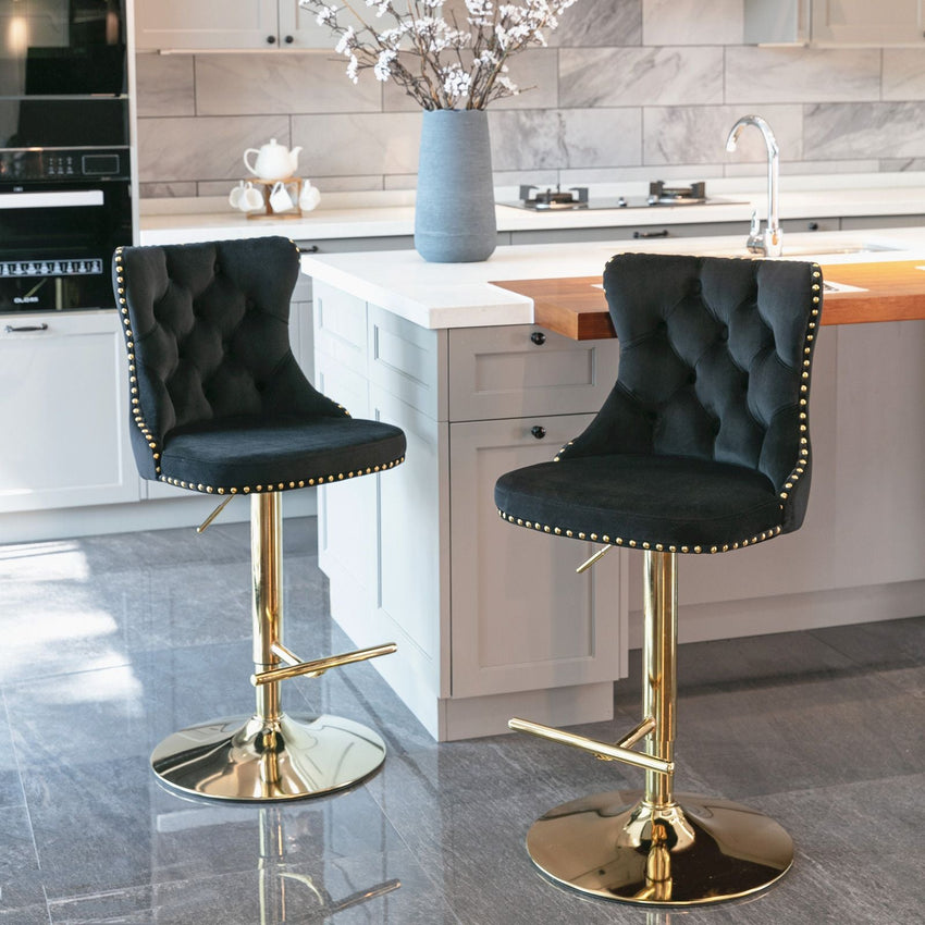 A&A Furniture,Golden Swivel Velvet Barstools Adjusatble Seat Height from 25 - 33 Inch, Modern Upholstered Bar Stools with Backs Comfortable Tufted for Home Pub and Kitchen Island(Black,Set of 2) - 7DAY'S