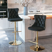 A&A Furniture,Golden Swivel Velvet Barstools Adjusatble Seat Height from 25 - 33 Inch, Modern Upholstered Bar Stools with Backs Comfortable Tufted for Home Pub and Kitchen Island(Black,Set of 2) - 7DAY'S