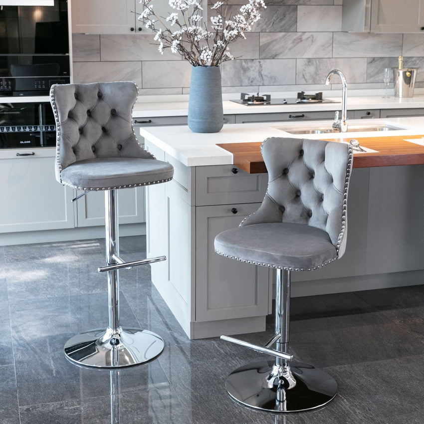 A&A Furniture,Swivel Velvet Barstools Adjusatble Seat Height from 25 - 33 Inch, Modern Upholstered Chrome base Bar Stools with Backs Comfortable Tufted for Home Pub and Kitchen Island(Gray,Set of 2) - 7DAY'S