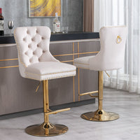 A&A Furniture,Thick Golden Swivel Velvet Barstools Adjusatble Seat Height from 27 - 35 Inch, Modern Upholstered Bar Stools with Backs Comfortable Tufted for Home Pub and Kitchen Island (Beige,Set of 2) - 7DAY'S