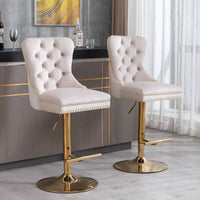 A&A Furniture,Thick Golden Swivel Velvet Barstools Adjusatble Seat Height from 27 - 35 Inch, Modern Upholstered Bar Stools with Backs Comfortable Tufted for Home Pub and Kitchen Island (Beige,Set of 2) - 7DAY'S