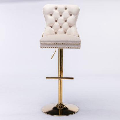 A&A Furniture,Thick Golden Swivel Velvet Barstools Adjusatble Seat Height from 27 - 35 Inch, Modern Upholstered Bar Stools with Backs Comfortable Tufted for Home Pub and Kitchen Island (Beige,Set of 2) - 7DAY'S