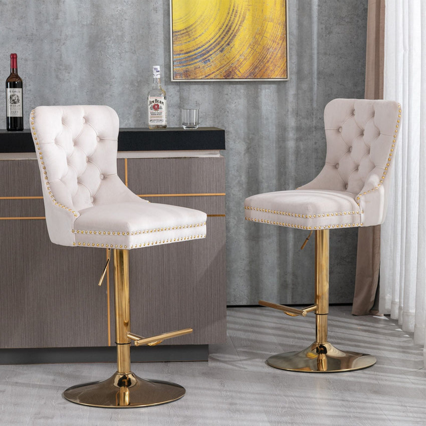 A&A Furniture,Thick Golden Swivel Velvet Barstools Adjusatble Seat Height from 27 - 35 Inch, Modern Upholstered Bar Stools with Backs Comfortable Tufted for Home Pub and Kitchen Island (Beige,Set of 2) - 7DAY'S