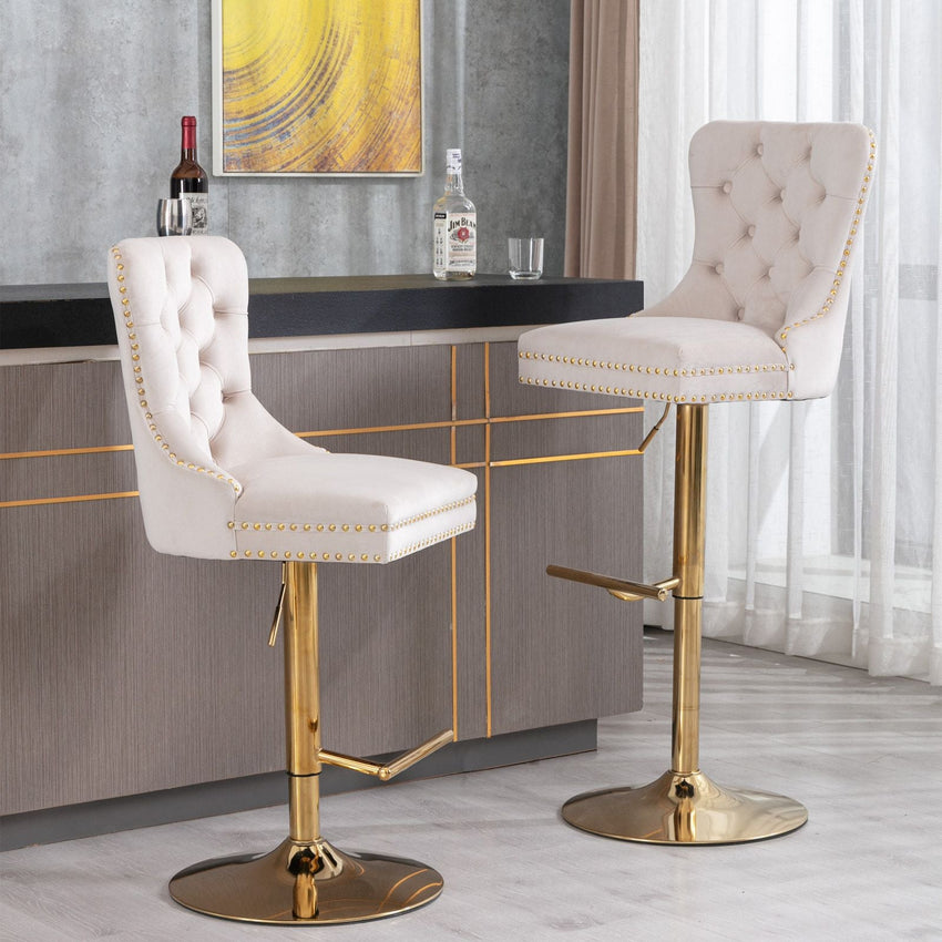 A&A Furniture,Thick Golden Swivel Velvet Barstools Adjusatble Seat Height from 27 - 35 Inch, Modern Upholstered Bar Stools with Backs Comfortable Tufted for Home Pub and Kitchen Island (Beige,Set of 2) - 7DAY'S