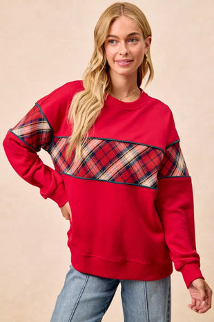 BiBi Christmas Theme Plaid Block Sweatshirt with Binding