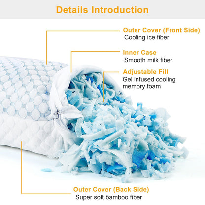 Adjustable, Washable, Breathable Cooling Memory Foam Pillow Ventilated Soft Bed Pillow w/ Cooling Gel Infused Memory Foam Heat Moisture Reducing Cooling Fiber Breathable Machine Washable, - 7DAY'S