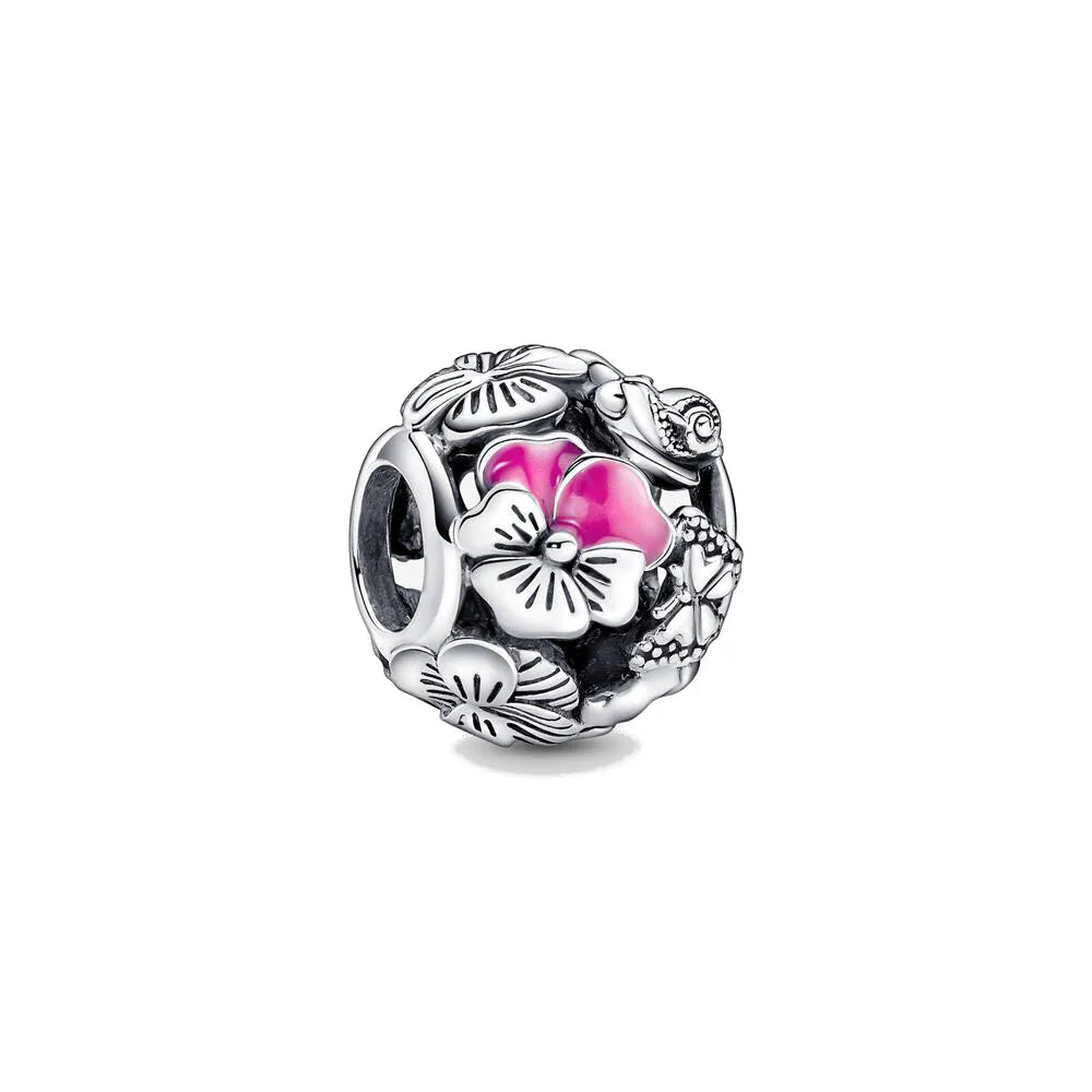 New 2023 Fashion Pink Pansy Flower Pendant Bead 925 Sterling Silver Plated Fit Necklace Keychain Charm DIY Jewelry Bracelet - 7DAY'S