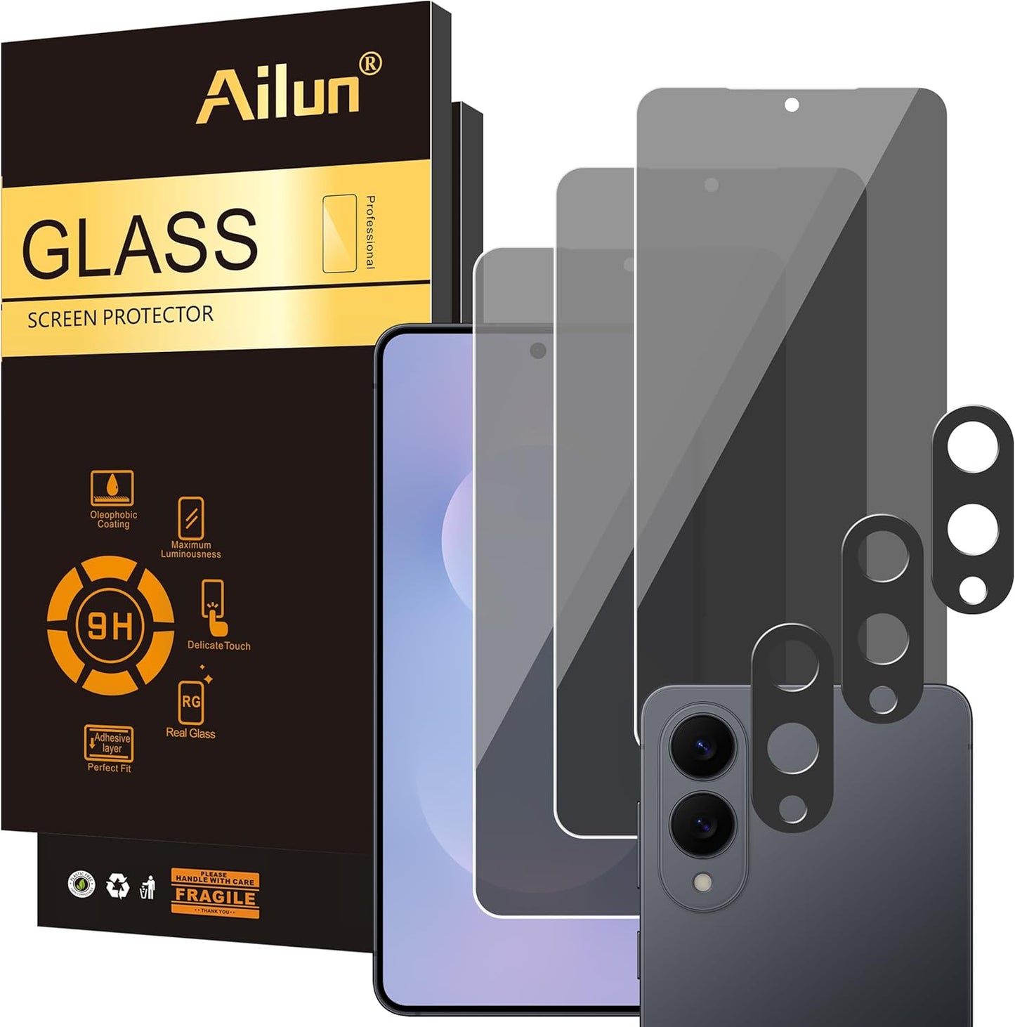 Ailun 3 Pack Privacy Screen Protector for Galaxy S25 Edge [6.7 inch] + 3 Pack Camera Lens Protector, Anti Spy Private Tempered Glass Film, Case Friendly, [9H Hardness] - HD [6 Pack] - 7DAY'S