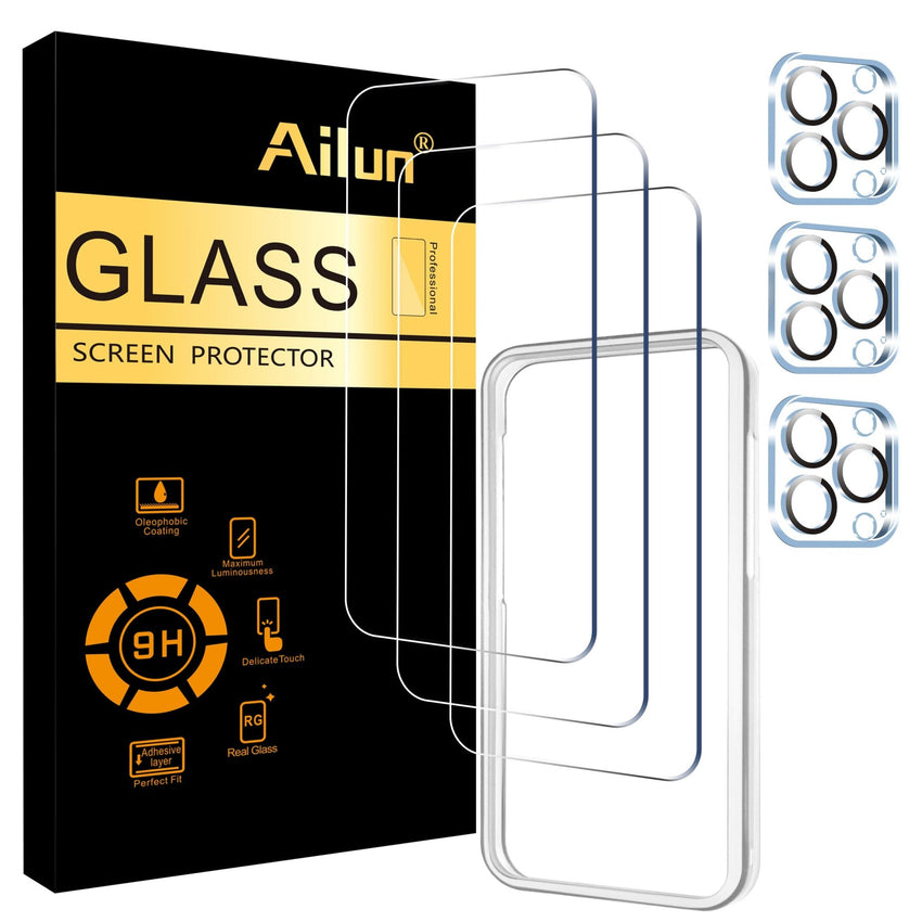 Ailun 3 Pack Screen Protector for iPhone 16 Pro Max [6.9 inch] + 3 Pack Camera Lens Protector with Installation Frame,Sensor Protection,Dynamic Island Compatible,Case Friendly Tempered Glass Film - 7DAY'S