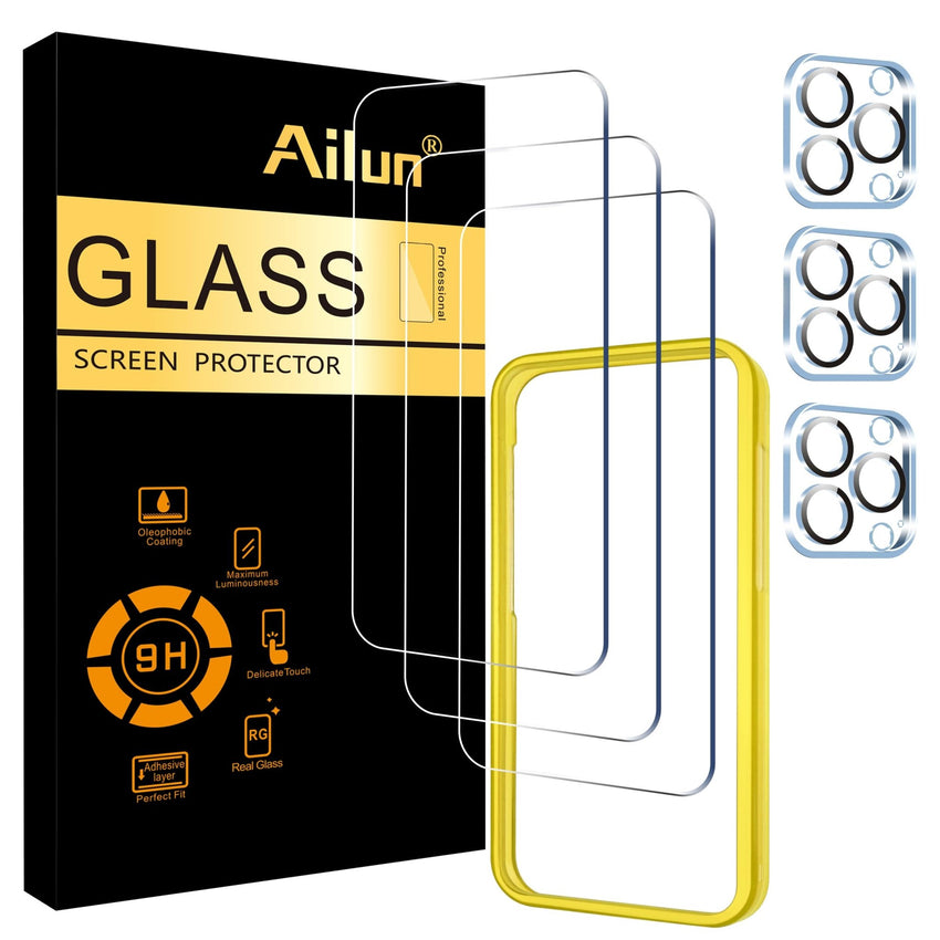 Ailun 3 Pack Screen Protector for iPhone 16 Pro Max [6.9 inch] + 3 Pack Camera Lens Protector with Installation Frame,Sensor Protection,Dynamic Island Compatible,Case Friendly Tempered Glass Film - 7DAY'S
