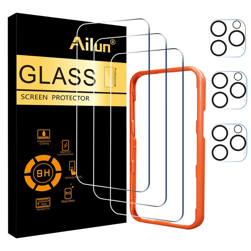 Ailun 3 Pack Screen Protector for iPhone 16 Pro Max [6.9 inch] + 3 Pack Camera Lens Protector with Installation Frame,Sensor Protection,Dynamic Island Compatible,Case Friendly Tempered Glass Film - 7DAY'S