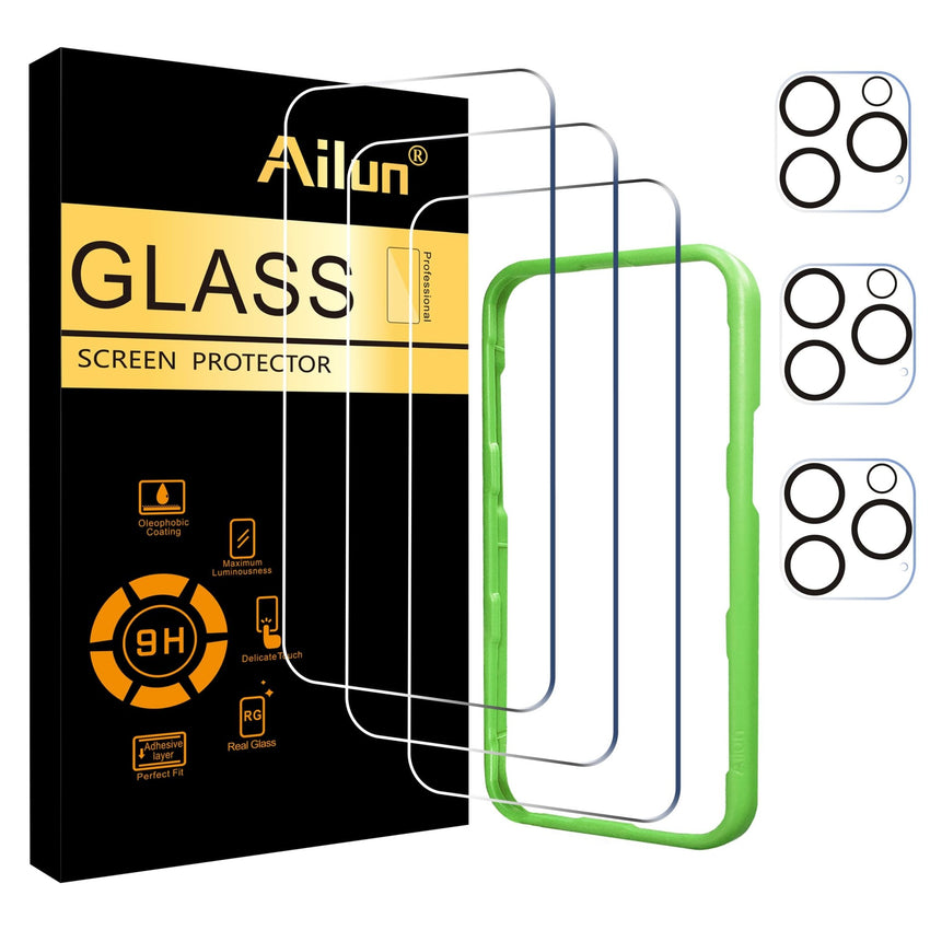Ailun 3 Pack Screen Protector for iPhone 16 Pro Max [6.9 inch] + 3 Pack Camera Lens Protector with Installation Frame,Sensor Protection,Dynamic Island Compatible,Case Friendly Tempered Glass Film - 7DAY'S
