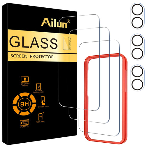 Ailun 3 Pack Screen Protector for iPhone 16 Pro Max [6.9 inch] + 3 Pack Camera Lens Protector with Installation Frame,Sensor Protection,Dynamic Island Compatible,Case Friendly Tempered Glass Film
