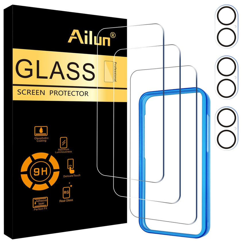 Ailun 3 Pack Screen Protector for iPhone 16 Pro Max [6.9 inch] + 3 Pack Camera Lens Protector with Installation Frame,Sensor Protection,Dynamic Island Compatible,Case Friendly Tempered Glass Film - 7DAY'S