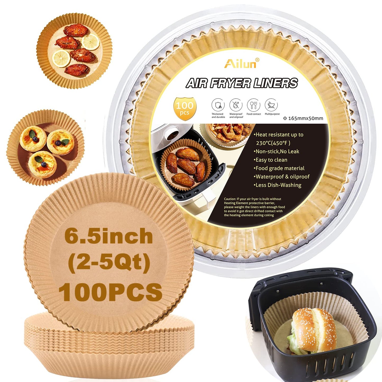 Ailun Air Fryer Paper Liners 8inch, 100PCS Non - Stick Parchment Paper,Oil Resistant,Disposable Food Grade Free of Bleach Paper Round for 5 - 8 QT Air Fryer Baking Roasting Microwave - 7DAY'S
