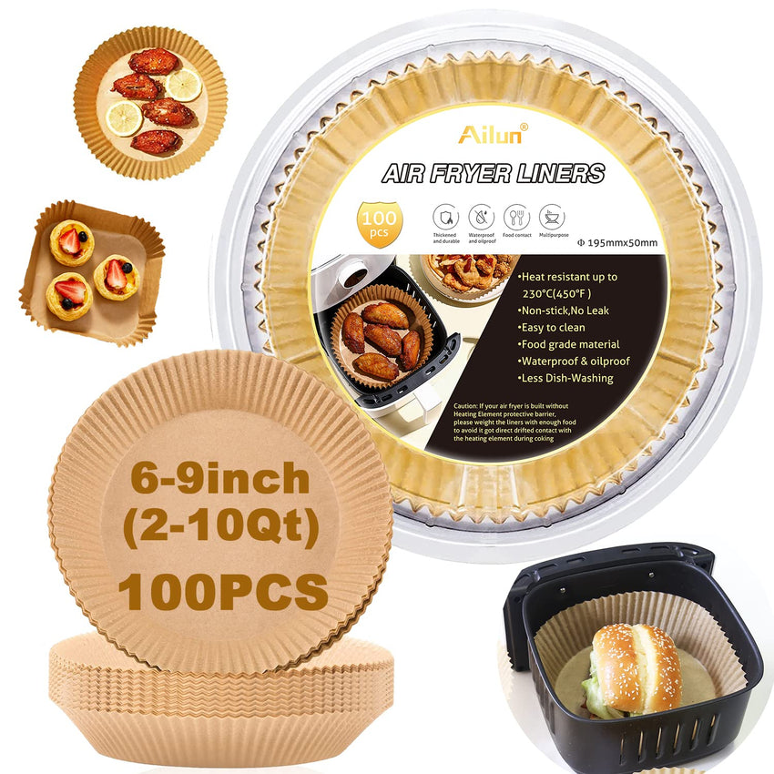 Ailun Air Fryer Paper Liners 8inch, 100PCS Non - Stick Parchment Paper,Oil Resistant,Disposable Food Grade Free of Bleach Paper Round for 5 - 8 QT Air Fryer Baking Roasting Microwave - 7DAY'S