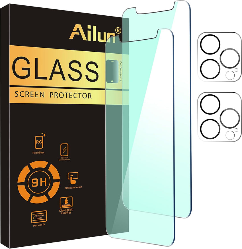 Ailun [Eye Protection] Anti Blue Light Screen Protector for iPhone 12 Pro Max 2 Pack [6.7 inch]+ 2 Pack Camera Lens Protector, Case Friendly Tempered Glass Film,[9H Hardness] - HD - 7DAY'S