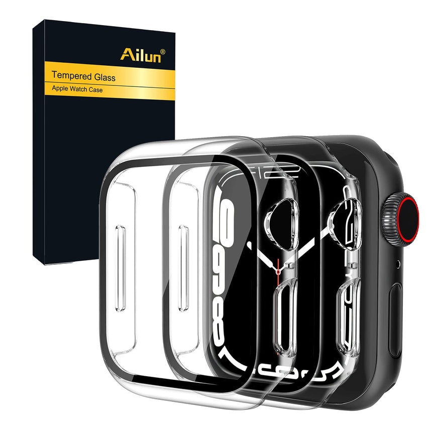 Ailun for Apple Watch Series 9 & 8 & 7 Screen Protector Case [45mm], Ultra - Thin Hard PC Case Built in Tempered Glass for iWatch, Shockproof Cover with Button [2 Pack][Black] - 7DAY'S
