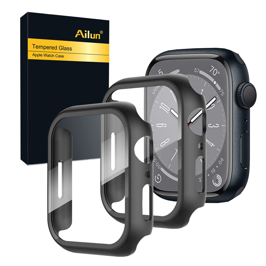 Ailun for Apple Watch Series 9 & 8 & 7 Screen Protector Case [45mm], Ultra - Thin Hard PC Case Built in Tempered Glass for iWatch, Shockproof Cover with Button [2 Pack][Black] - 7DAY'S
