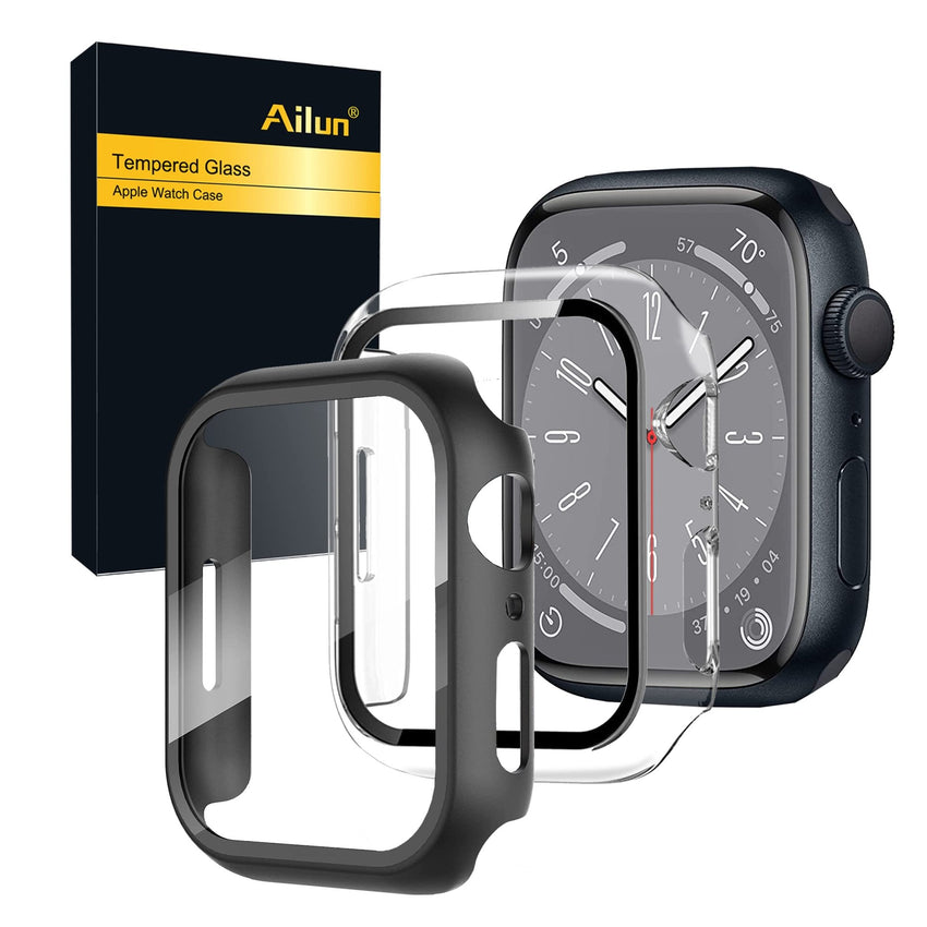 Ailun for Apple Watch Series 9 & 8 & 7 Screen Protector Case [45mm], Ultra - Thin Hard PC Case Built in Tempered Glass for iWatch, Shockproof Cover with Button [2 Pack][Black] - 7DAY'S