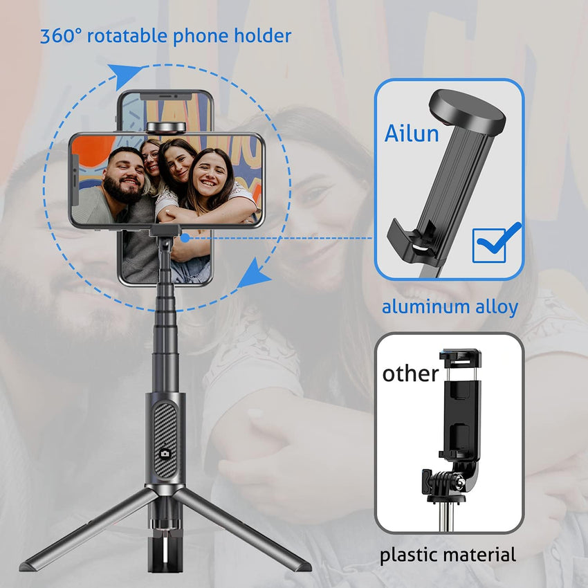 Ailun Selfie Stick Tripod,Extendable Aluminum,3 in 1,Bluetooth Wireless Remote and 360 Rotation Stand for iPhone 16/15/14/13/12/11/11 Pro/XS Max/XS/XR/X/8/7 and More Smartphones - 7DAY'S