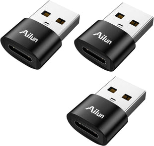Ailun USB C Female to USB A Male Adapter 3 Pack Type C to A Charger Cable Adapter for iPhone 16 15 14 13 11 12 Mini Pro Max Galaxy S25 25 Edge S24 S23 S22 S21 Ultra Plus 21 FE Note 10