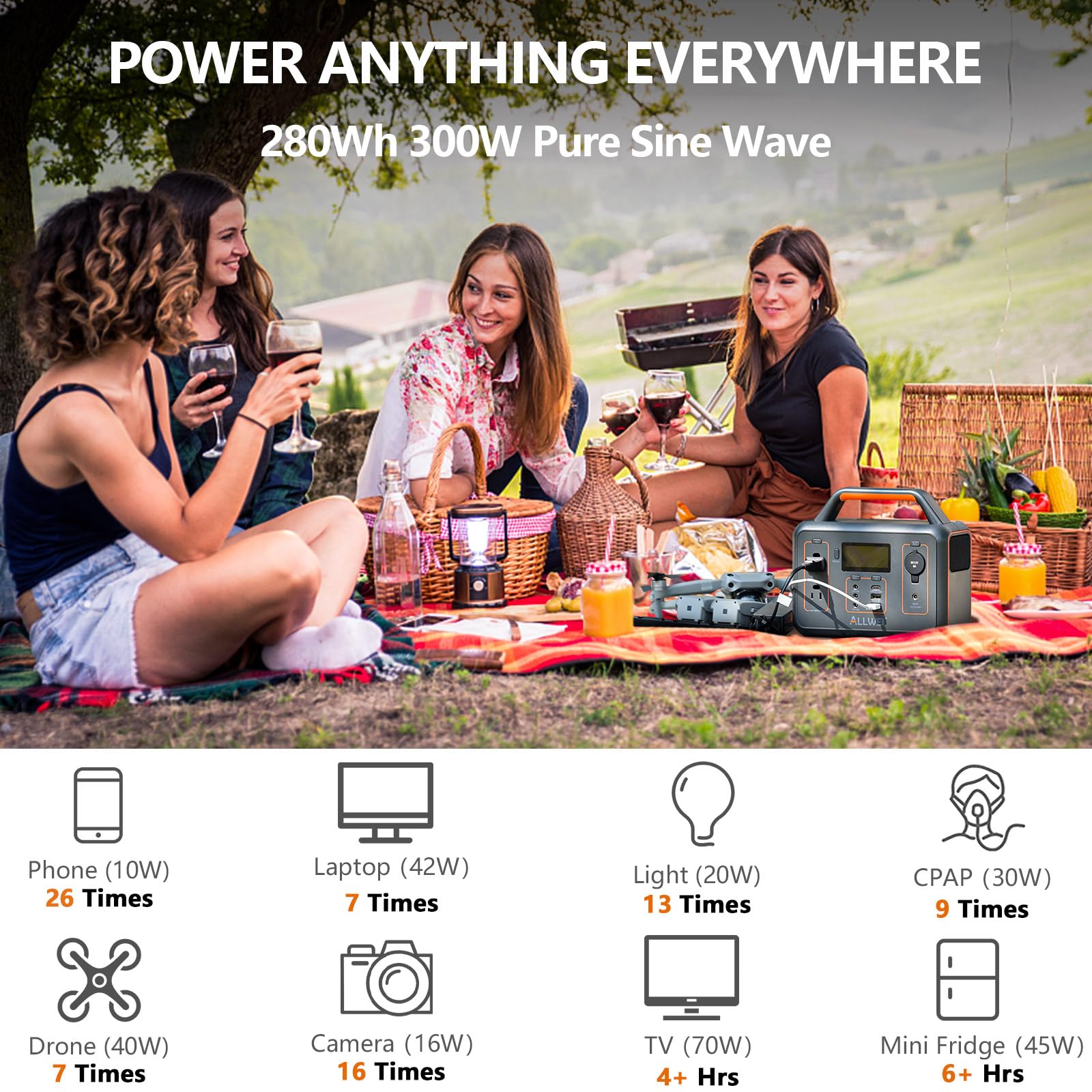 ALLWEI Portable Power Station 300W, 280Wh Solar Generator with 110V Pure Sine Wave AC Outlet, Backup Lithium Battery Generator for CPAP Outdoor RV Camping Emergency Home Use - 7DAY'S