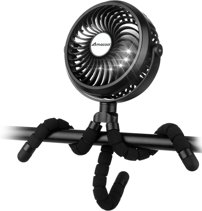 AMACOOL Battery Operated Stroller Fan Flexible Tripod Clip On Fan with 3 Speeds and Rotatable Handheld Personal Fans for Car Seat Crib Bike Treadmill (Black) - 7DAY'S