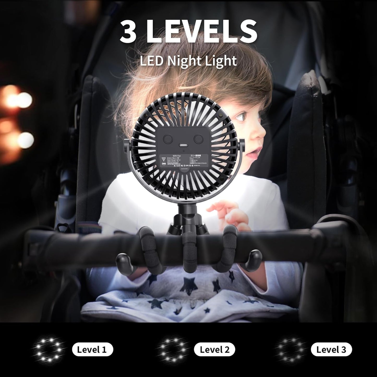 AMACOOL Battery Operated Stroller Fan Flexible Tripod Clip On Fan with 3 Speeds and Rotatable Handheld Personal Fans for Car Seat Crib Bike Treadmill (Black) - 7DAY'S