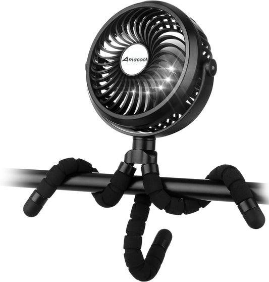 AMACOOL Battery Operated Stroller Fan Flexible Tripod Clip On Fan with 3 Speeds and Rotatable Handheld Personal Fans for Car Seat Crib Bike Treadmill (Black) - 7DAY'S