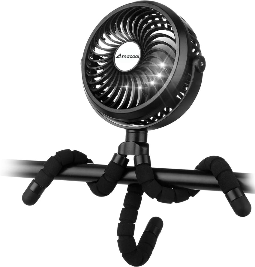 AMACOOL Battery Operated Stroller Fan Flexible Tripod Clip On Fan with 3 Speeds and Rotatable Handheld Personal Fans for Car Seat Crib Bike Treadmill (Black) - 7DAY'S