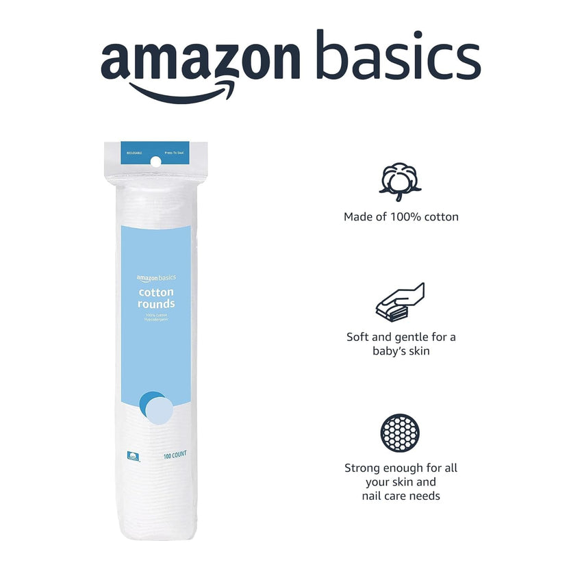 Amazon Basics Hypoallergenic 100% Cotton Rounds for Makeup Removal and Skincare, 100 Count, 1 Pack - 7DAY'S