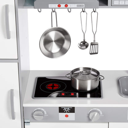 Amazon Basics Kids Corner Wooden Kitchen Toy Playset with Stove, Oven, Sink, Fridge and Accessories, for Toddlers, Preschoolers, Children Age 3+ Years, White & Gray, 39.37"L x 28.35"W x 35.04"H - 7DAY'S