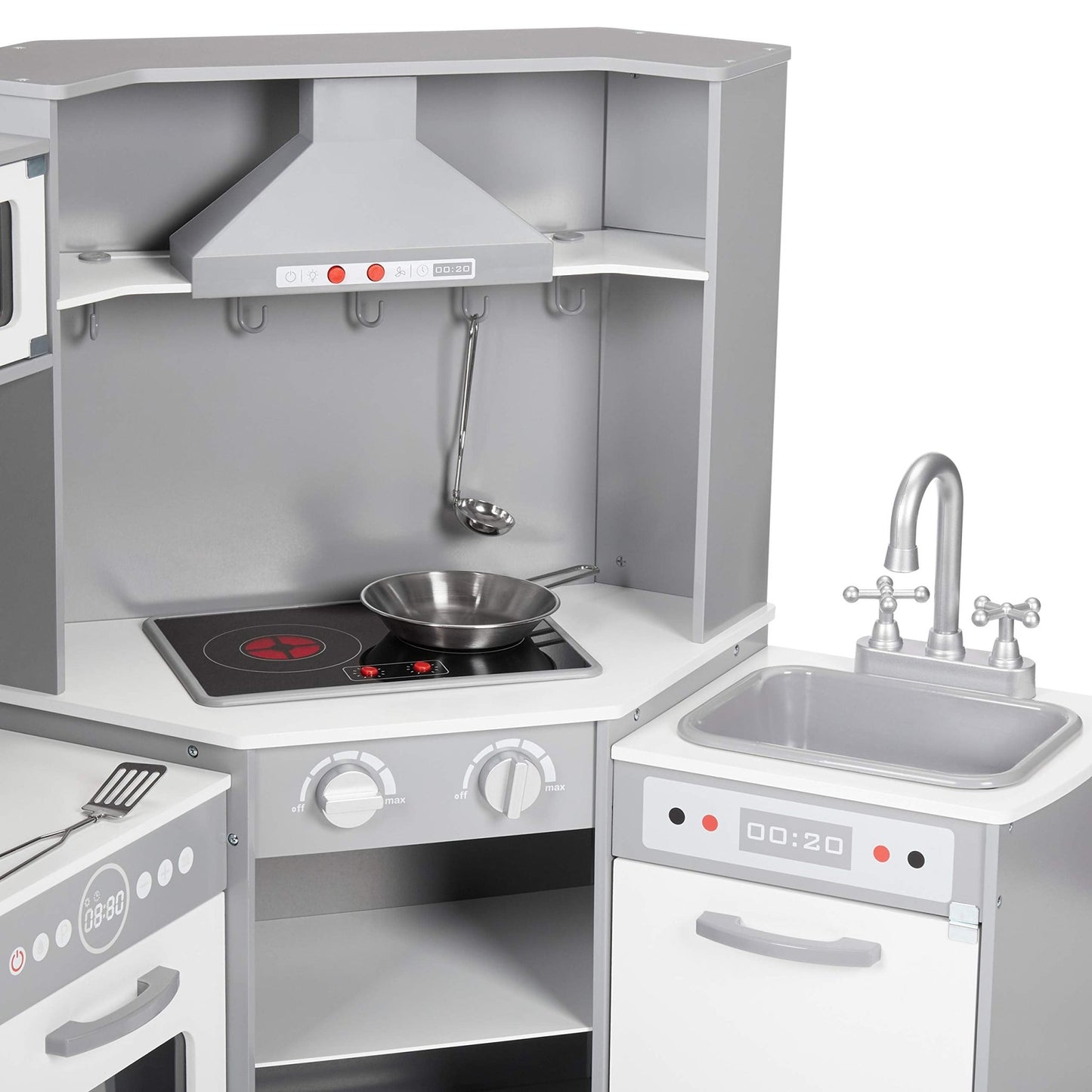 Amazon Basics Kids Corner Wooden Kitchen Toy Playset with Stove, Oven, Sink, Fridge and Accessories, for Toddlers, Preschoolers, Children Age 3+ Years, White & Gray, 39.37"L x 28.35"W x 35.04"H - 7DAY'S