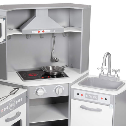 Amazon Basics Kids Corner Wooden Kitchen Toy Playset with Stove, Oven, Sink, Fridge and Accessories, for Toddlers, Preschoolers, Children Age 3+ Years, White & Gray, 39.37"L x 28.35"W x 35.04"H - 7DAY'S