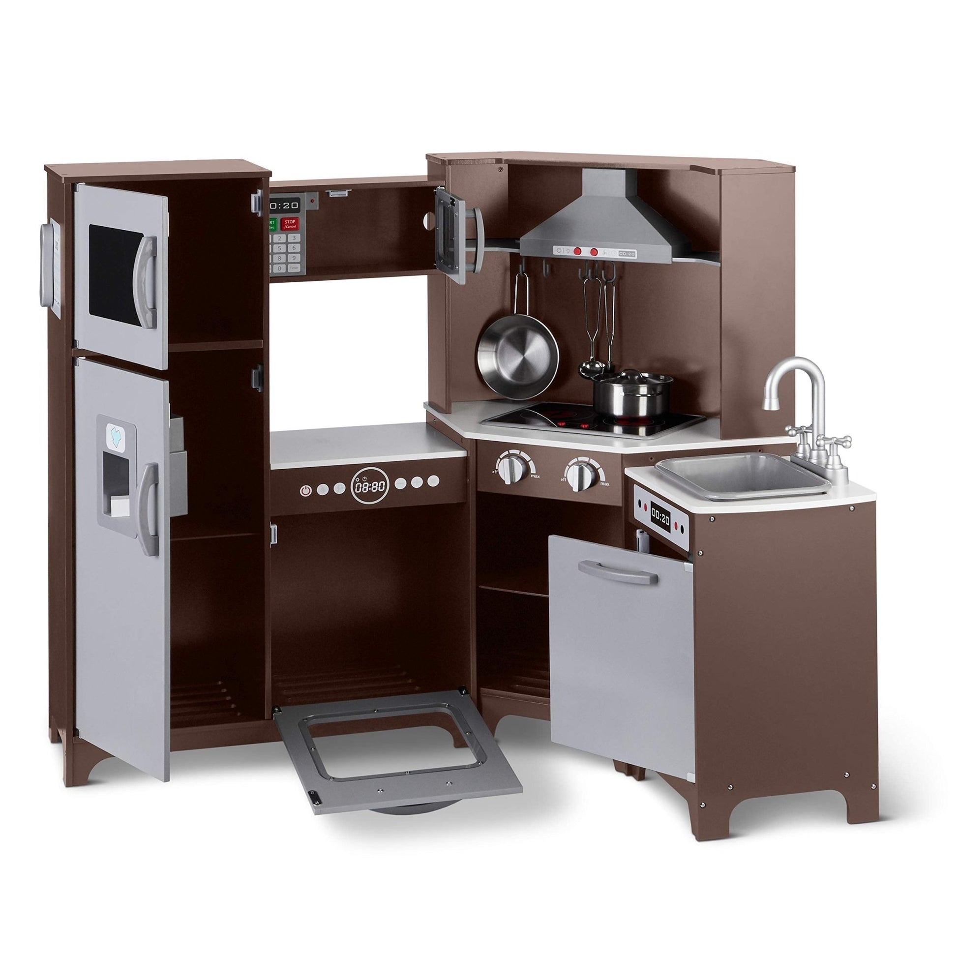 Amazon Basics Kids Corner Wooden Kitchen Toy Playset with Stove, Oven, Sink, Fridge and Accessories, for Toddlers, Preschoolers, Children Age 3+ Years, White & Gray, 39.37"L x 28.35"W x 35.04"H - 7DAY'S