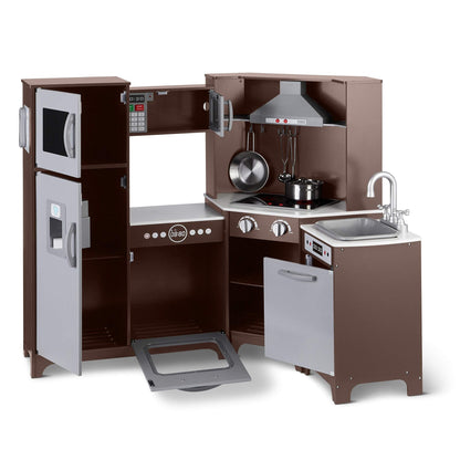 Amazon Basics Kids Corner Wooden Kitchen Toy Playset with Stove, Oven, Sink, Fridge and Accessories, for Toddlers, Preschoolers, Children Age 3+ Years, White & Gray, 39.37"L x 28.35"W x 35.04"H - 7DAY'S