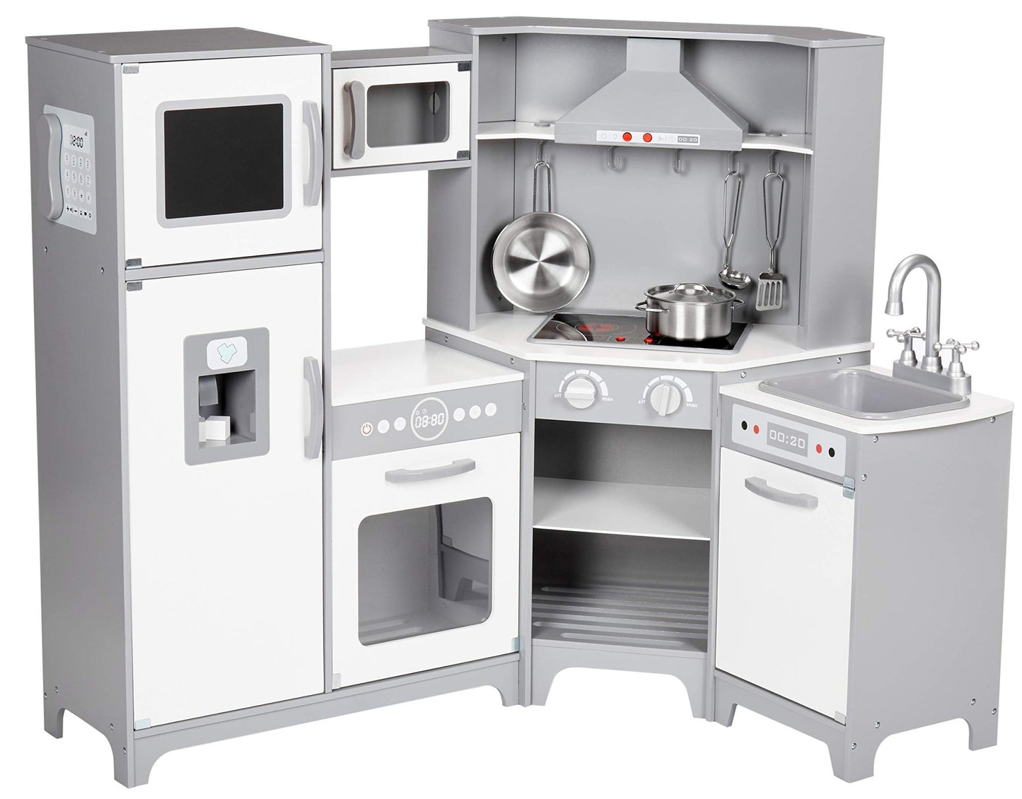 Amazon Basics Kids Corner Wooden Kitchen Toy Playset with Stove, Oven, Sink, Fridge and Accessories, for Toddlers, Preschoolers, Children Age 3+ Years, White & Gray, 39.37"L x 28.35"W x 35.04"H - 7DAY'S