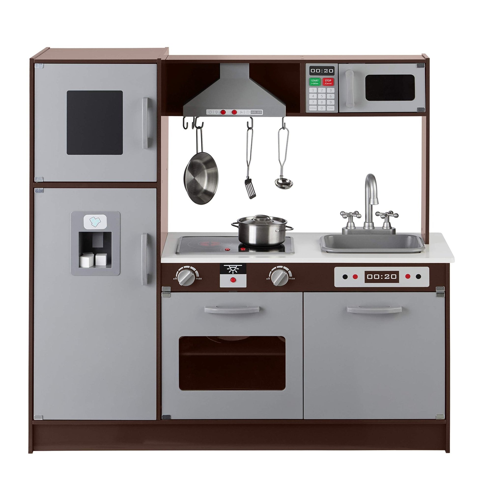 Amazon Basics Kids Corner Wooden Kitchen Toy Playset with Stove, Oven, Sink, Fridge and Accessories, for Toddlers, Preschoolers, Children Age 3+ Years, White & Gray, 39.37"L x 28.35"W x 35.04"H - 7DAY'S